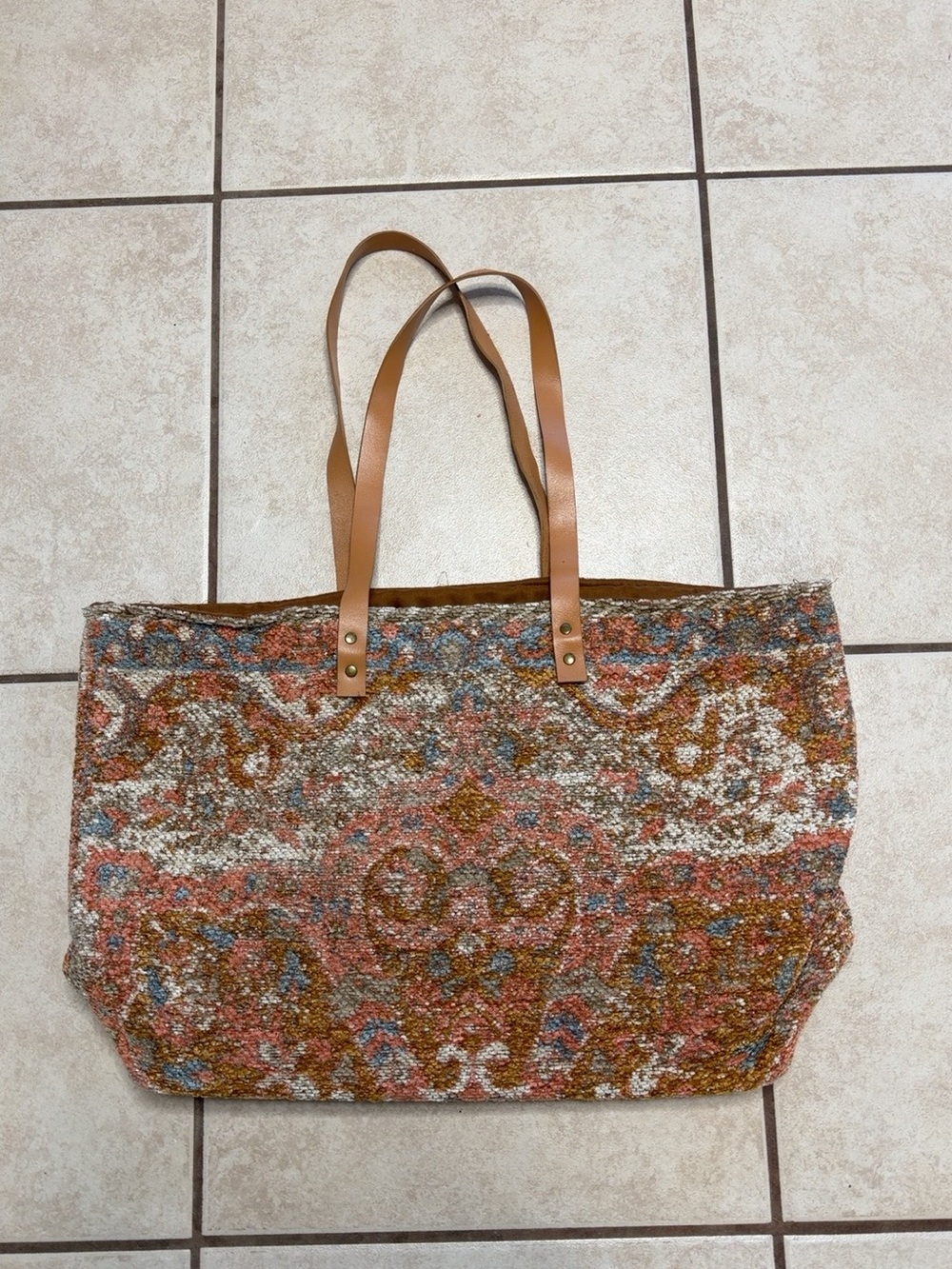 Large Boho Paisley Tapestry Carpet Tote Bag Tan Straps